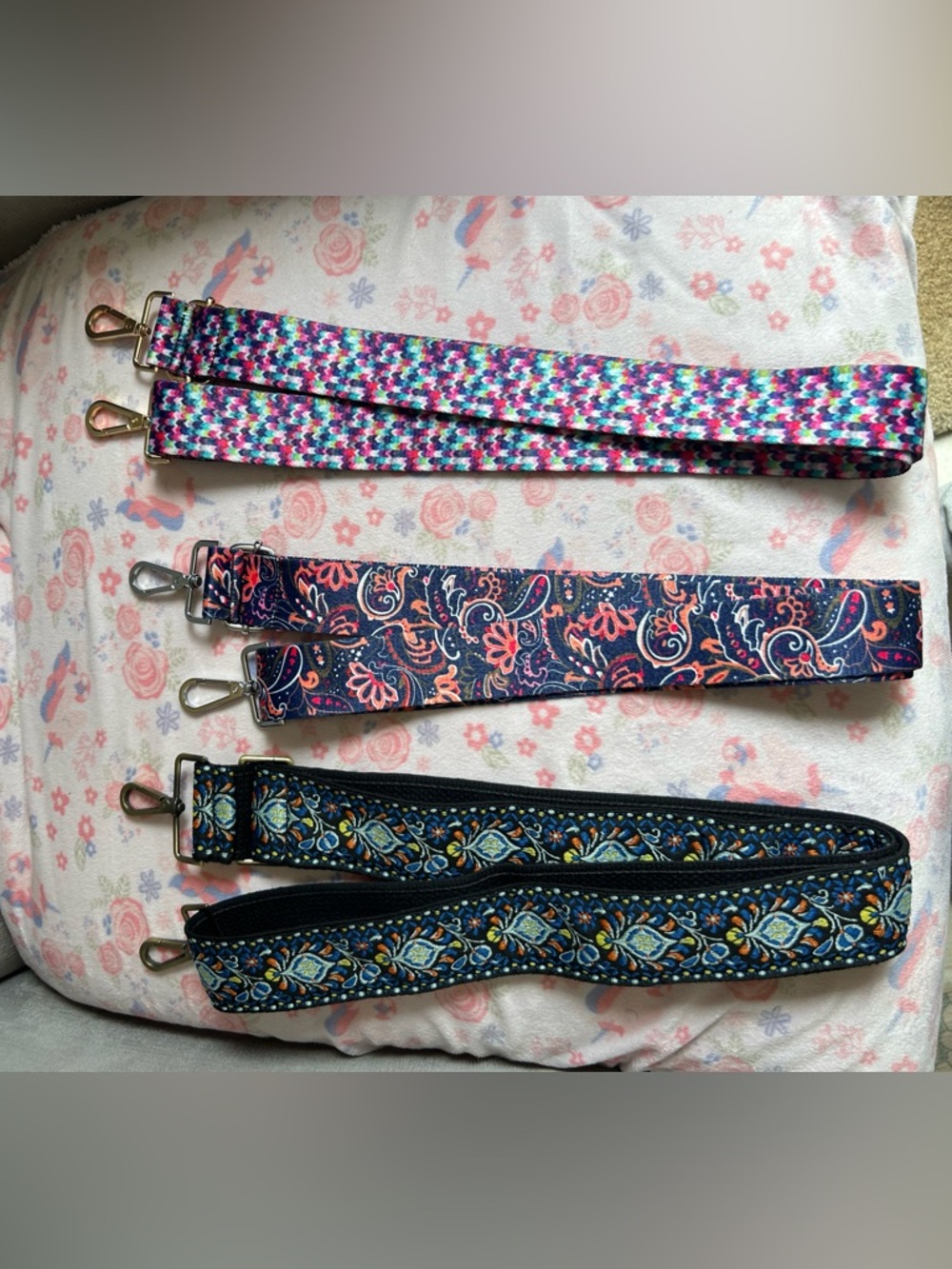 Set of 3 Decorative Bag Straps - Multicolor, Navy Floral, Blue Embroidered